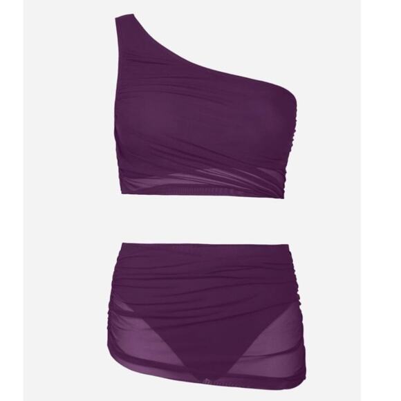 Cupshe Purple One Shoulder Bikini Set Small Mesh Ruched Skirt Swimwear Women’s - Picture 4 of 8